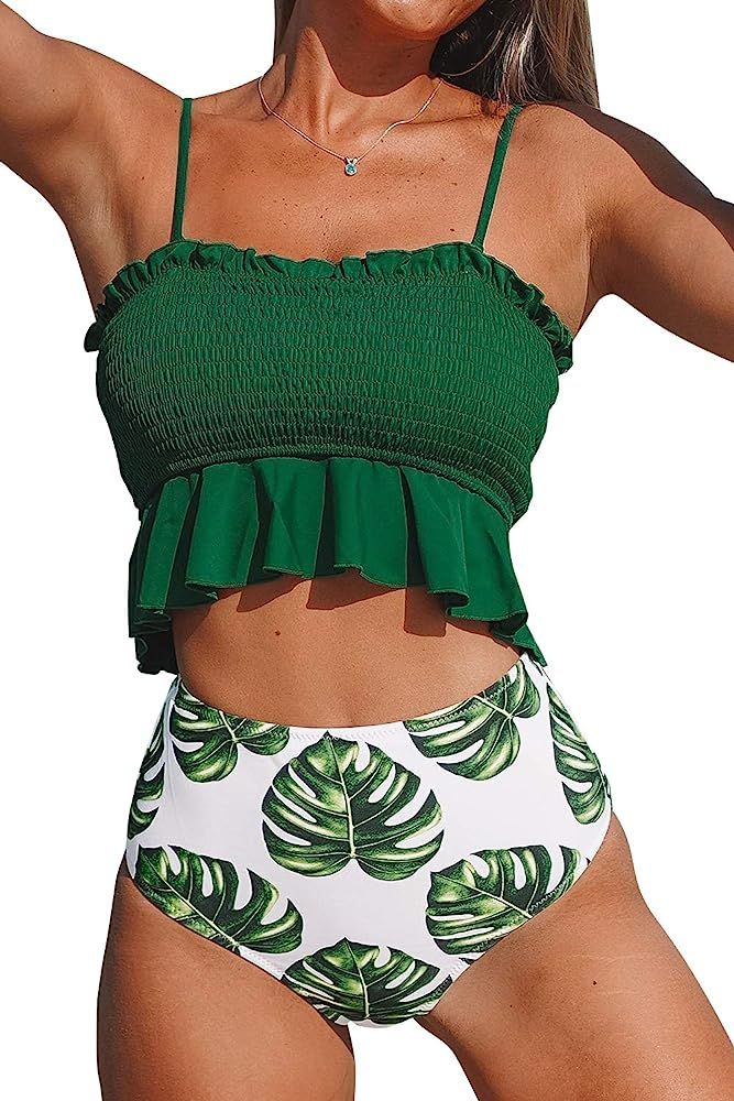 Women's Smocked Green and Monstera Ruffled High Waisted Bikini | Amazon (US)