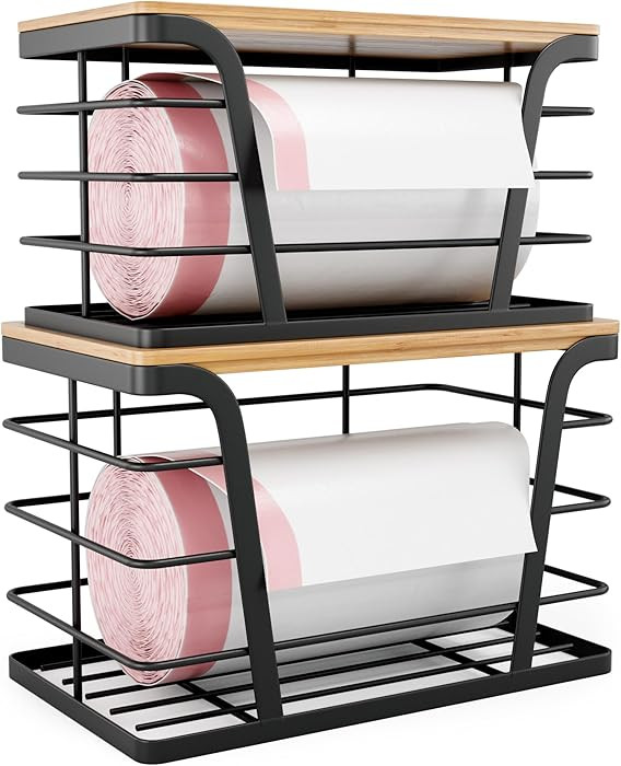 2 Pack Stackable Storage Laundry Kitchen Organizers, Wall Mount Trash Bag Holder with Bamboo Top ... | Amazon (US)