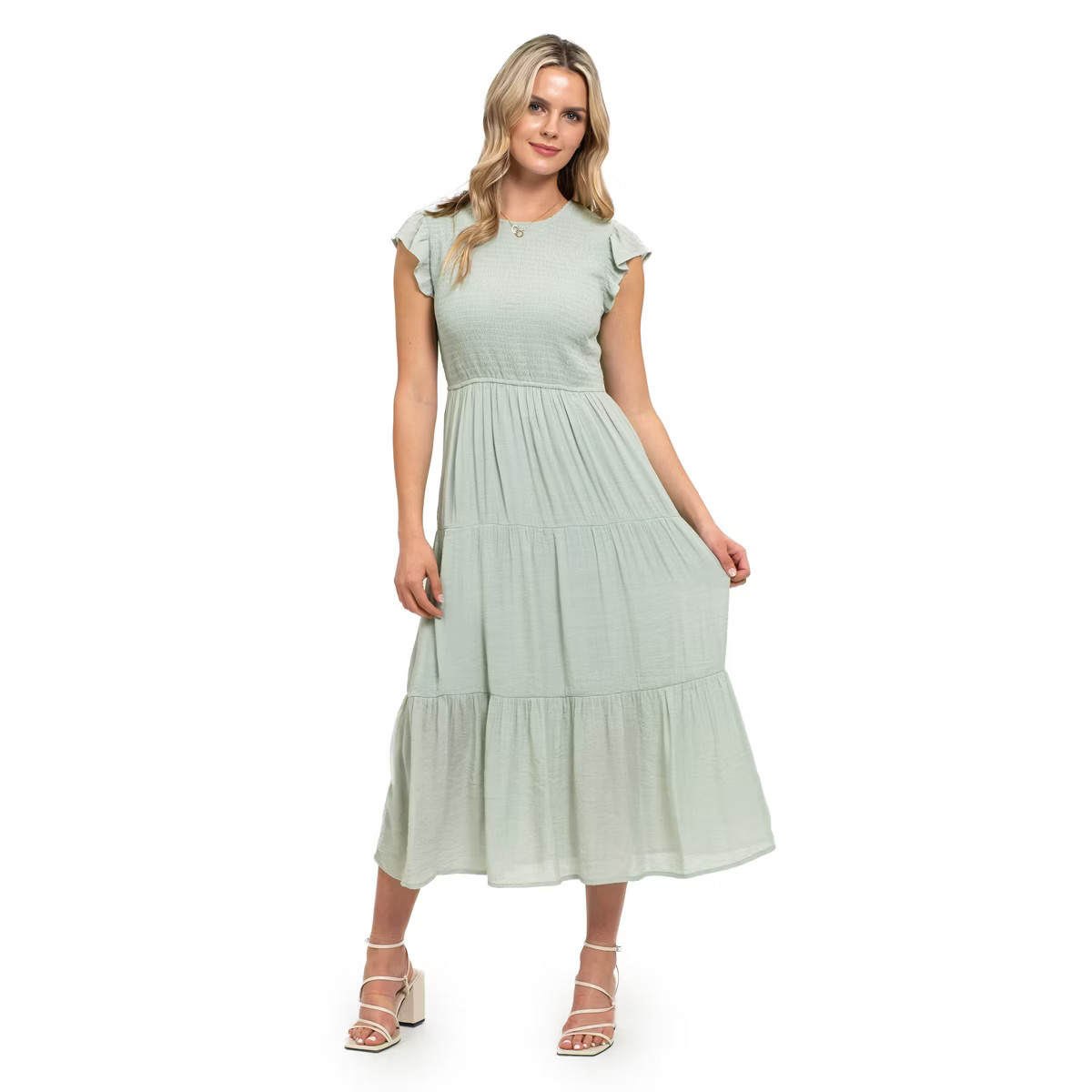 August Sky Women`s Smocked Ruffle Sleeve Tiered Midi Dress | Target