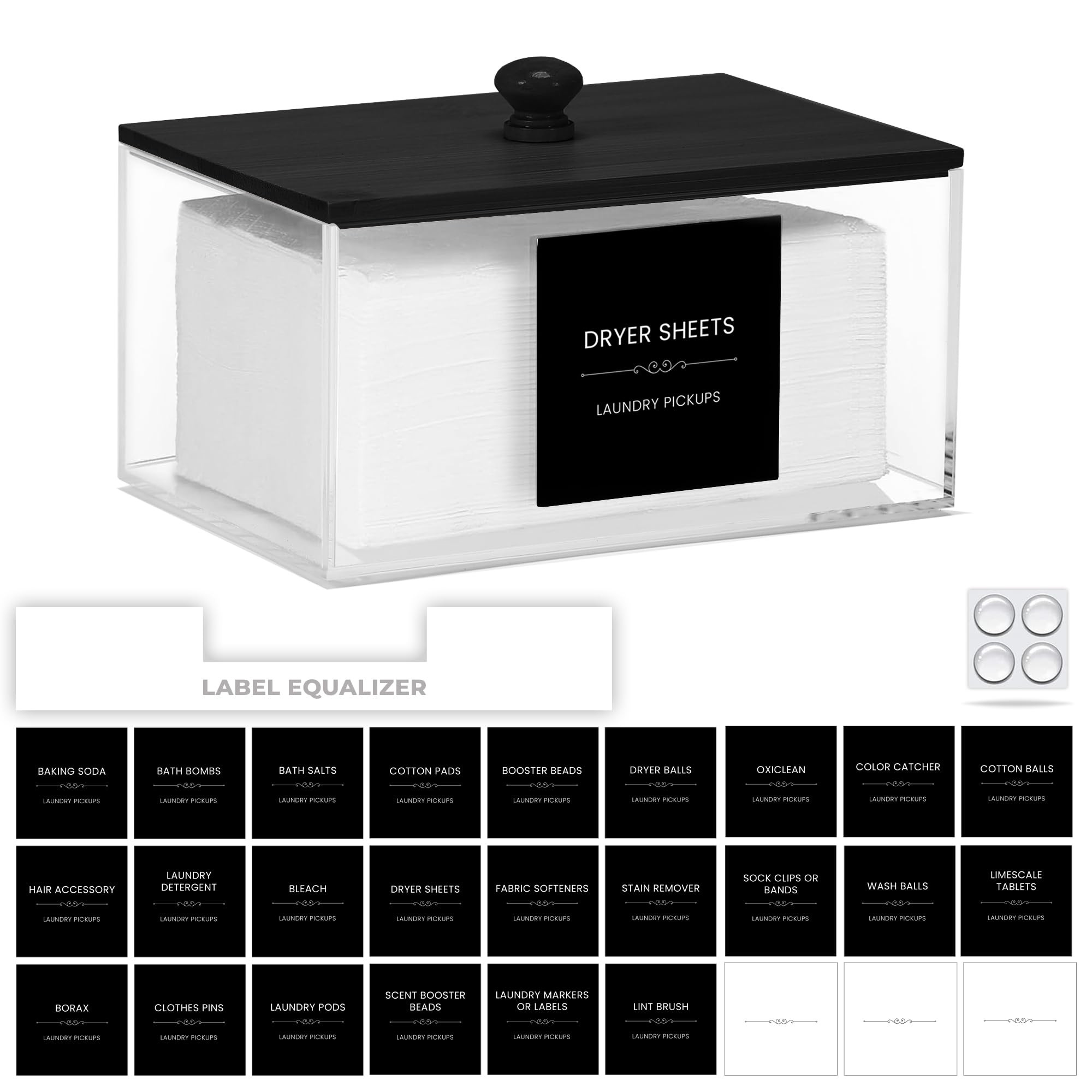 Dryer Sheet Holder with 30 waterproof Labels, Acrylic made tissue box holder with black bamboo li... | Amazon (US)