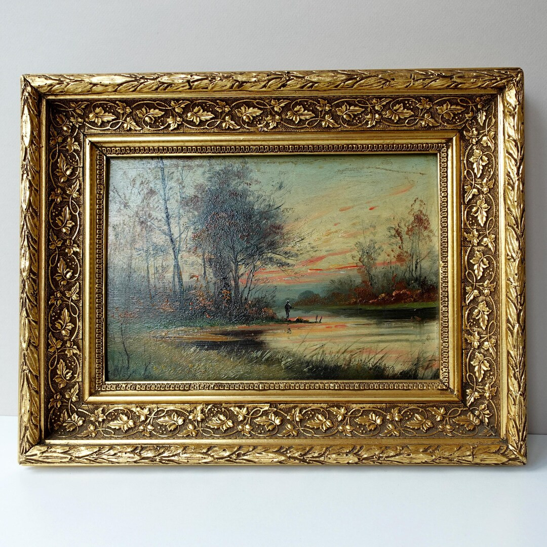 Vintage Dutch Oil Painting River Landscape at Dawn With Angler Original Antique Art in Gilded Fra... | Etsy (US)