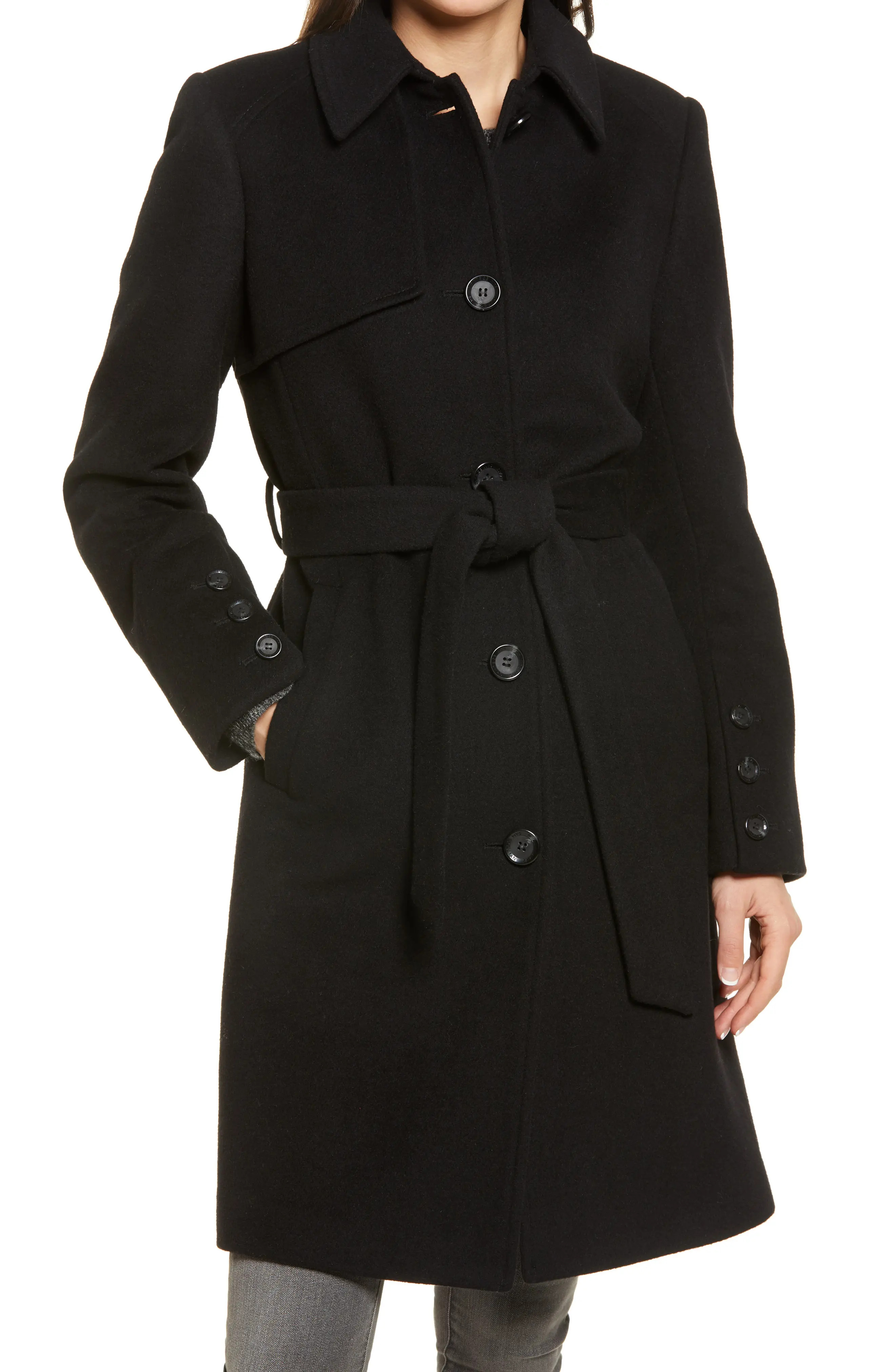 Women's Sam Edelman Belted Wool Blend Coat, Size 16 - Black | Nordstrom