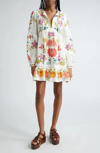 Floral Long Sleeve Linen Blend Minidress | Nordstrom
