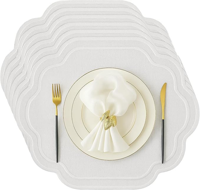 Breling 6 Pcs Wedding Placemats Scalloped Embroidered Cotton Linen Placemats 17" x 13" Double Lay... | Amazon (US)