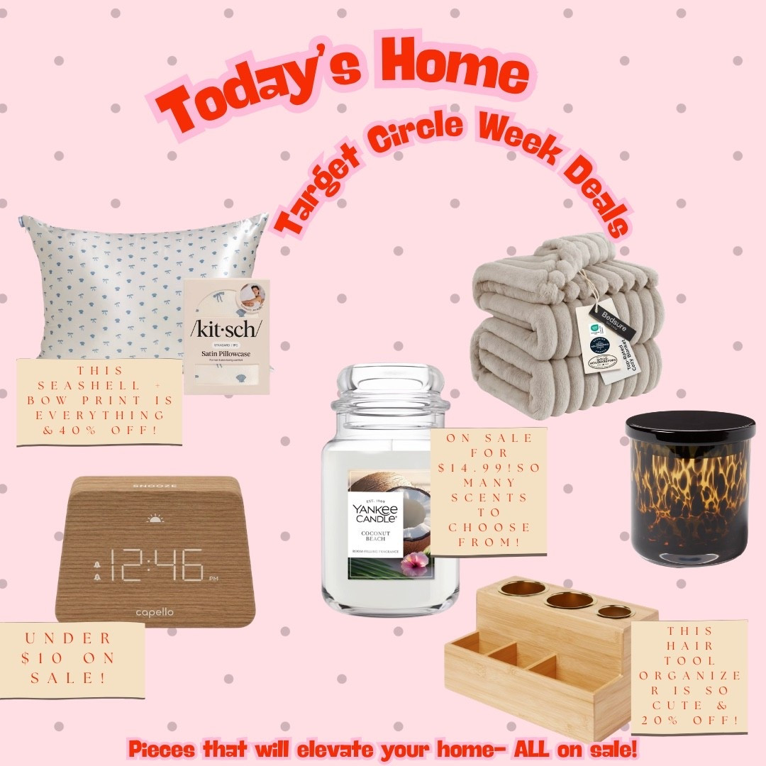 Target Circle Week home deals are elevating every room for less 🕯️ The satin pillowcase is 40% off with the prettiest seashell and bow print, the Yankee Candle is on sale for $14.99 in so many scents, the wood alarm clock is under $10, and the bamboo hair tool organizer is 20% off. All linked!

#LTKdayinmylife #LTKmorningroutine #LTKgrwm