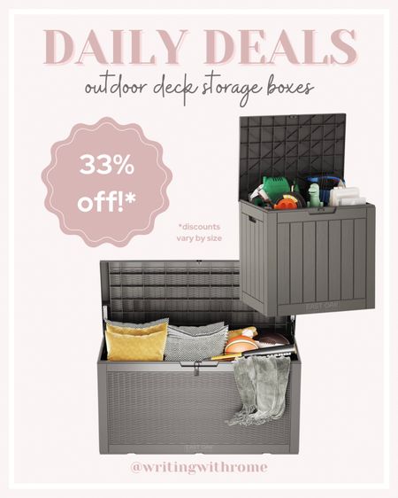 Outdoor deck or garage storage boxes

Sale price depending on the gallon size of box

Home storage, outdoor storage, patio furniture, deck storage boxes, Amazon home, Amazon daily deals, toy storage, patio storage, home decor storage solutions 

#LTKhome #LTKsalealert #LTKfamily