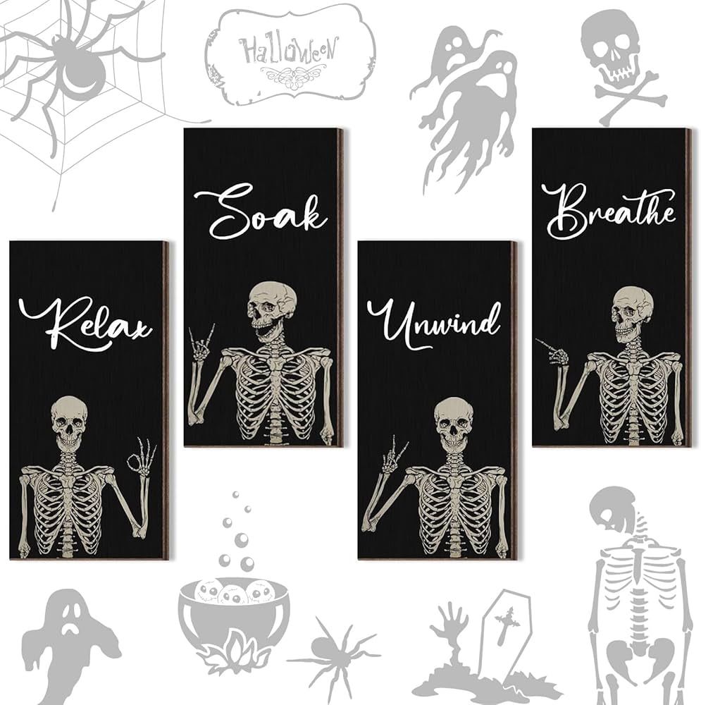 4 Pieces Halloween Bathroom Wall Decor Skeleton Decor Rock and Roll Skull Music Wall Art Soak Relax  | Amazon (US)