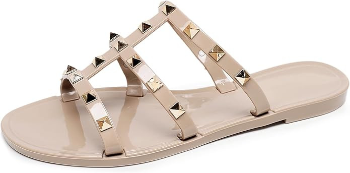 Women Flats Sandals, Studded Jelly Shoes Size 9 Red Dressy Summer Beach Rivets Strappy Jellies Sl... | Amazon (US)