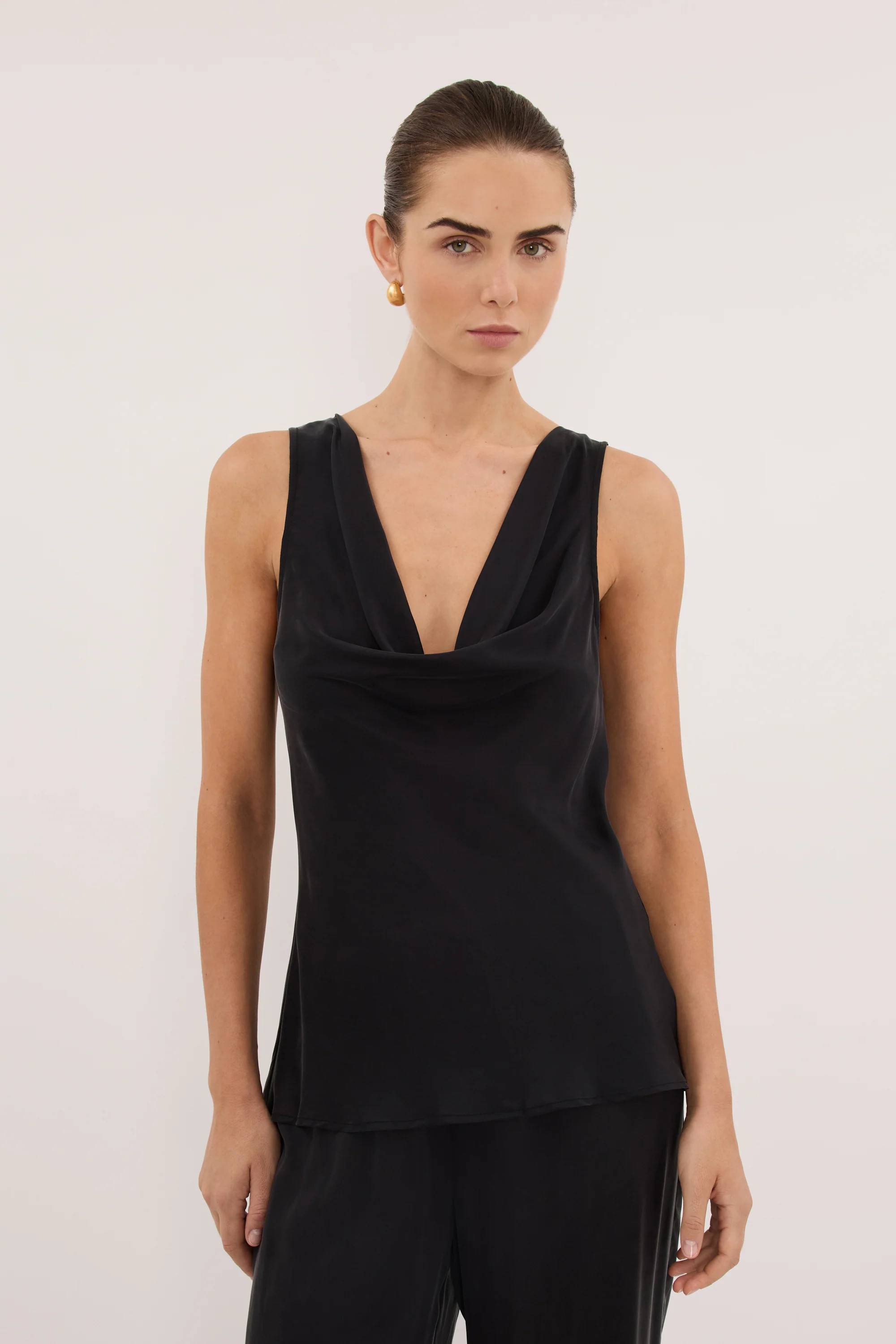 PEYTON BLACK SILK COWL TOP | DISSH