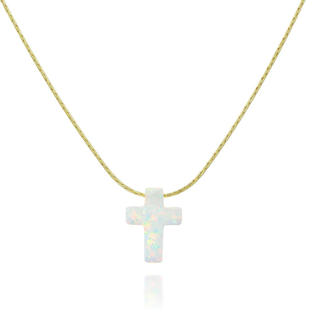 White Opal Cross On Dainty Gold Filled Choker Necklace - Handmade Minimalist Necklace (white, gol... | Amazon (US)