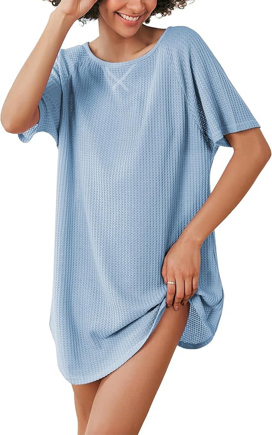 Ekouaer Women's T-Shirt Nightgown Waffle Knit Short Sleeve Sleepshirts Comfy Casual Cover Ups | Amazon (US)