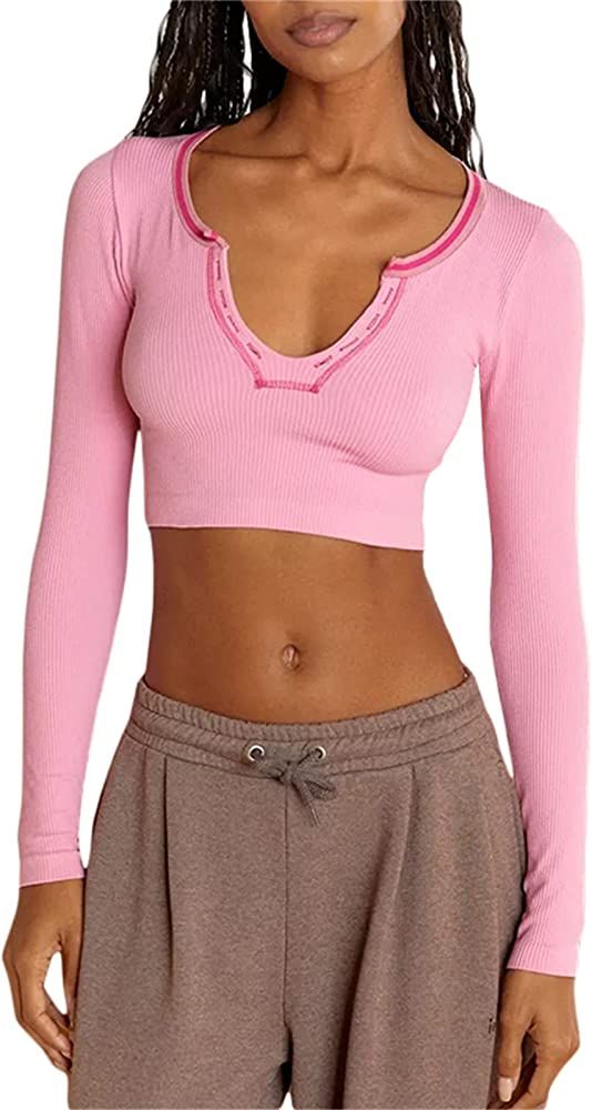 Women Knit Long Sleeve Crop Tops V Neck Ribbed Slim Fit Tee T Shirt Sexy Blouses Retro Going Out ... | Amazon (US)