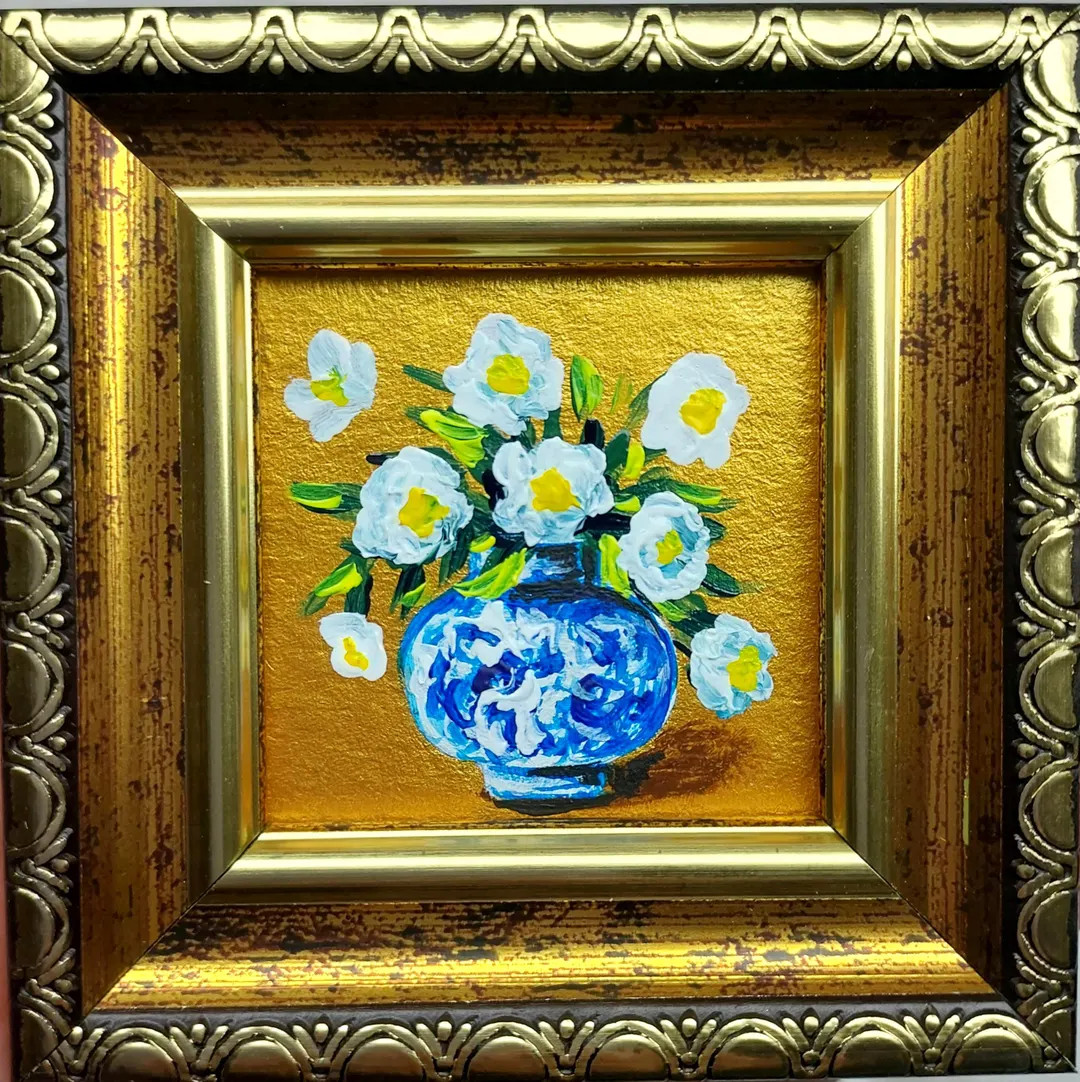 Chinoiserie Vase Oil Painting: Small White Flowers in Gold Frame - Etsy | Etsy (US)