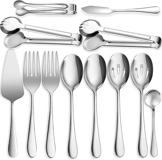 12 PCS Stainless Steel Serving Utensils, Large Spoons Slotted Spoons Forks Tongs, Ice Suger Tongs... | Amazon (US)