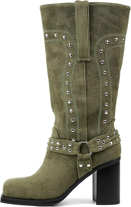 Women's Mid Calf Boots Motorcycle Biker Boots Studded Buckle Square Toe Pull On Block Heeled Boot... | Amazon (US)