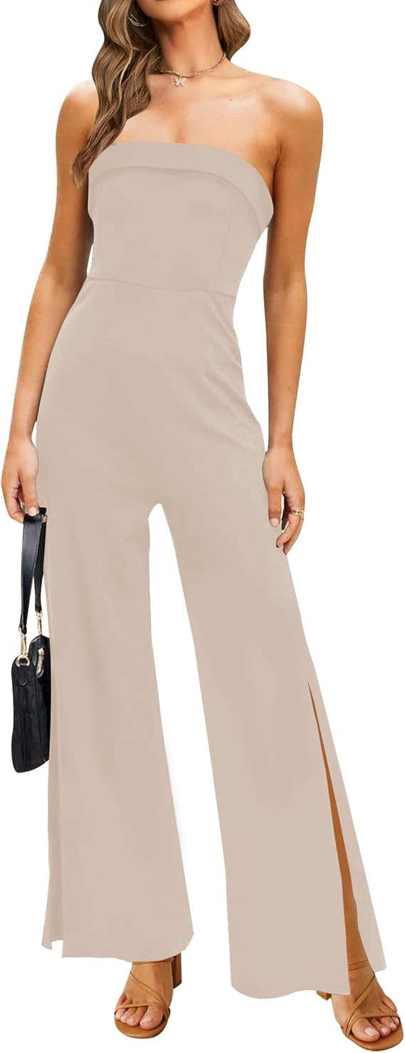 ZESICA Women's Strapless Jumpsuit Casual Off Shoulder High Waist Wide Leg Side Slit Long Romper P... | Amazon (US)