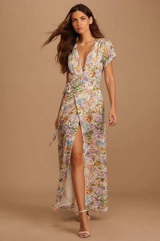 Feels Magical Ivory Floral Print Short Sleeve Wrap Dress Boho Maxi Dress Boho Dress Boho Outfits | Lulus
