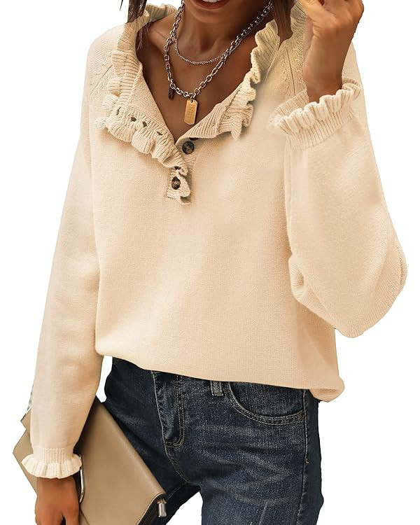 BTFBM Women's Sweaters Casual Long Sleeve Button Down Crew Neck Ruffle Knit Pullover Sweater Tops... | Amazon (US)