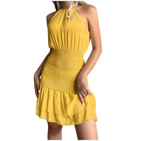 Summer Sexy Halterneck Dress Sleeveless Smocked Waist Double Layer Ruffle Hem A Line Swing Beach Par | Walmart (US)