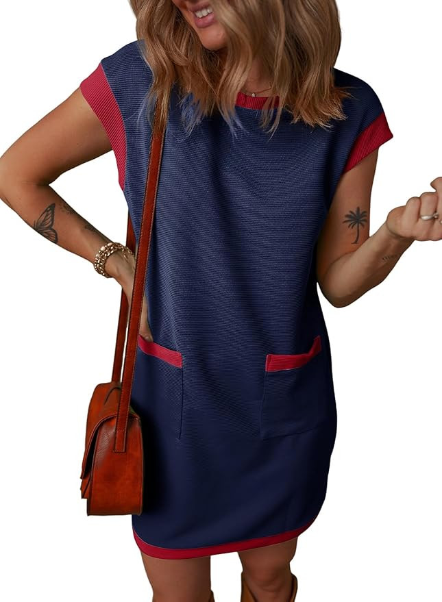 Dokotoo Women's Casual Summer Dresses Fashion Cap Sleeve Color Block Crewneck Shift Tshirt Mini D... | Amazon (US)