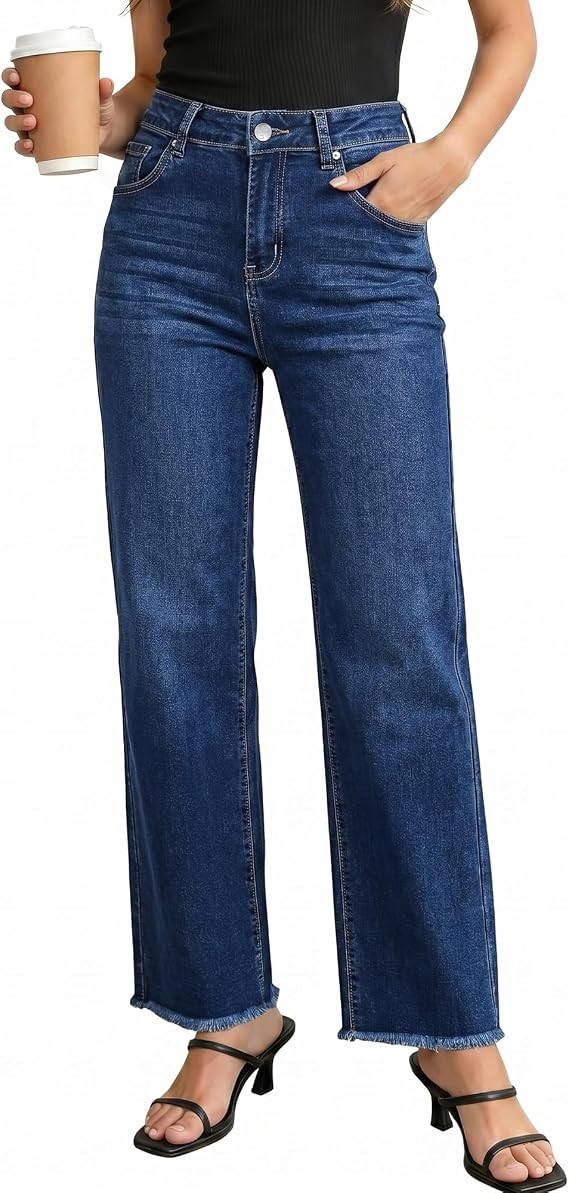 GRAPENT Straight Leg Jeans for Women High Waisted Stretchy Frayed Raw Hem Loose Denim Pants Casua... | Amazon (US)