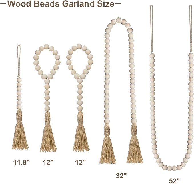 Mokof Wood Beads Garland with Jute Tassels, Rustic Natural Wooden Bead String Wall Hanging for Fa... | Amazon (US)