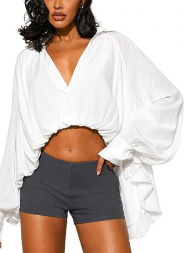 Women's Deep V-Neck Crop Top, White, Bishop Sleeve Balloon Bubble Hem Wrap Blouse, Casual Long Sl... | Amazon (US)
