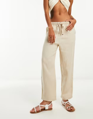 Mango straight leg tie waist linen pants in light beige | ASOS (Global)
