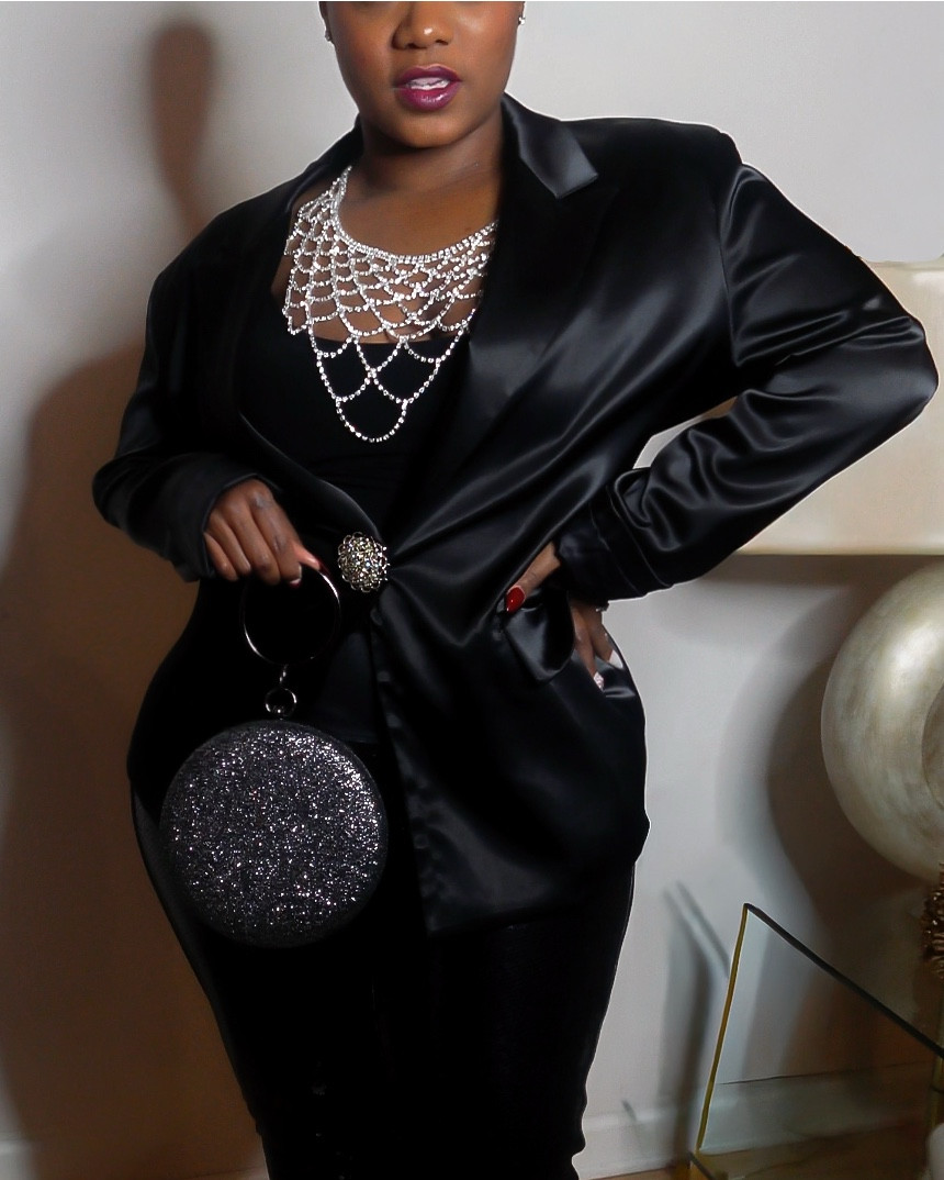 NYE look - proof that black is never basic. I styled this satin blazer, statement studs, sequined leggings and pointed toe pumps with a statement necklace for a timeless modern silhouette. 

Linked similar pieces to recreate this look with items you already own! ✨

#LTKootd #LTKgrwm #LTKPetite