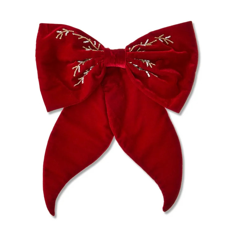 Burgundy Velvet Beaded Decorative Christmas Bow, 13", by My Texas House - Walmart.com | Walmart (US)