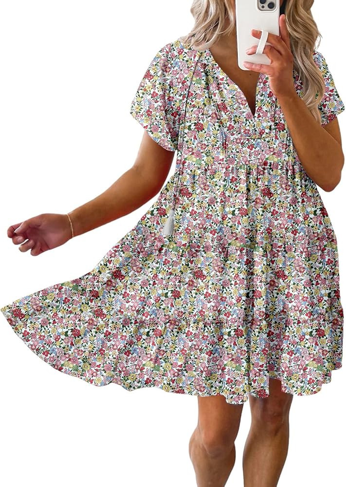 Dokotoo Womens Summer Casual Boho Floral Dresses 2026 V Neck Short Sleeve Sundresses Flowy Swing ... | Amazon (US)