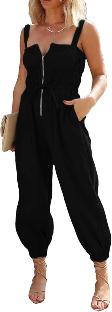 SOMTHRON Women's Cargo Jumpsuit Smocked Sleeveless Adjustable Straps Jogger Pants Zip Up Rompers ... | Amazon (US)