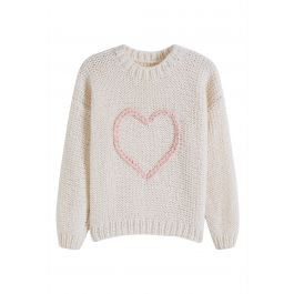 Statement Pinky Heart Chunky Hand Knit Sweater in Ivory | Chicwish