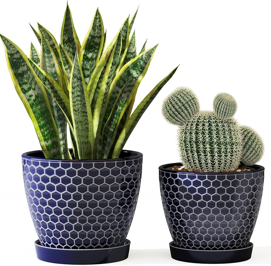 Docrin Blue Honeycomb Ceramic Plant Pot Set - 6.6"+5.5" Inch, Modern Decorative Planters with Dra... | Amazon (US)