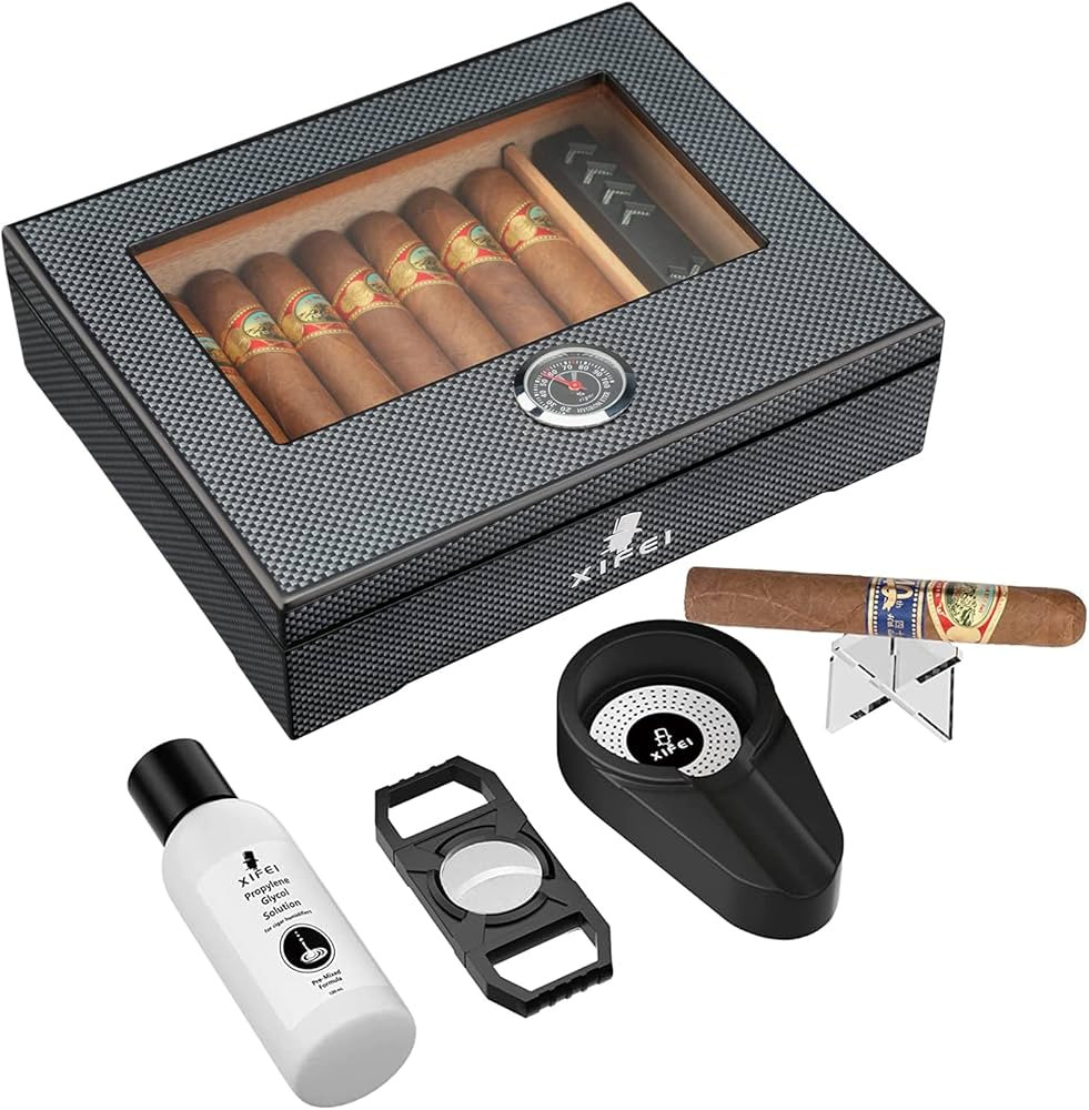 XIFEI Cigar Humidor, Glass Top Carbon Fiber Texture top Inlay Hygrometer,Including Cigar humidifi... | Amazon (US)
