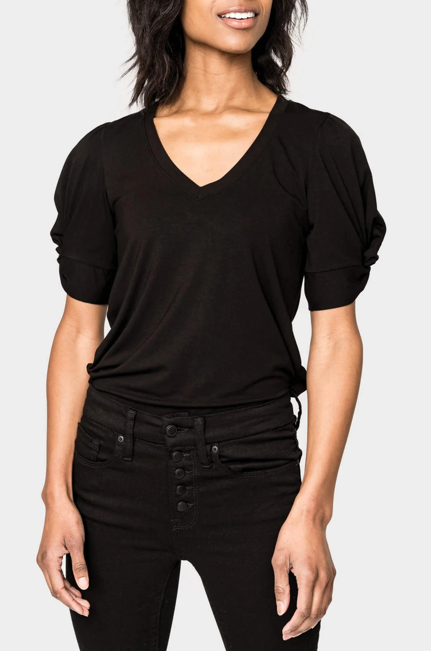 Rouched Elbow Sleeve V-Neck Tee | Gibson