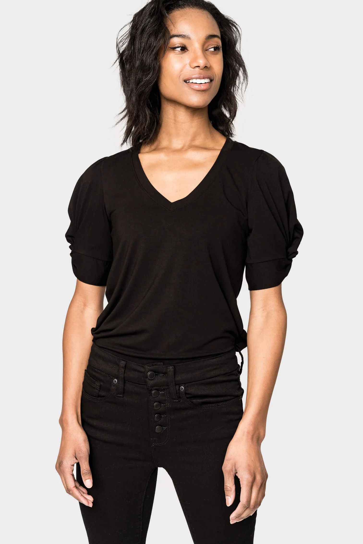 Rouched Elbow Sleeve V-Neck Tee | Gibson