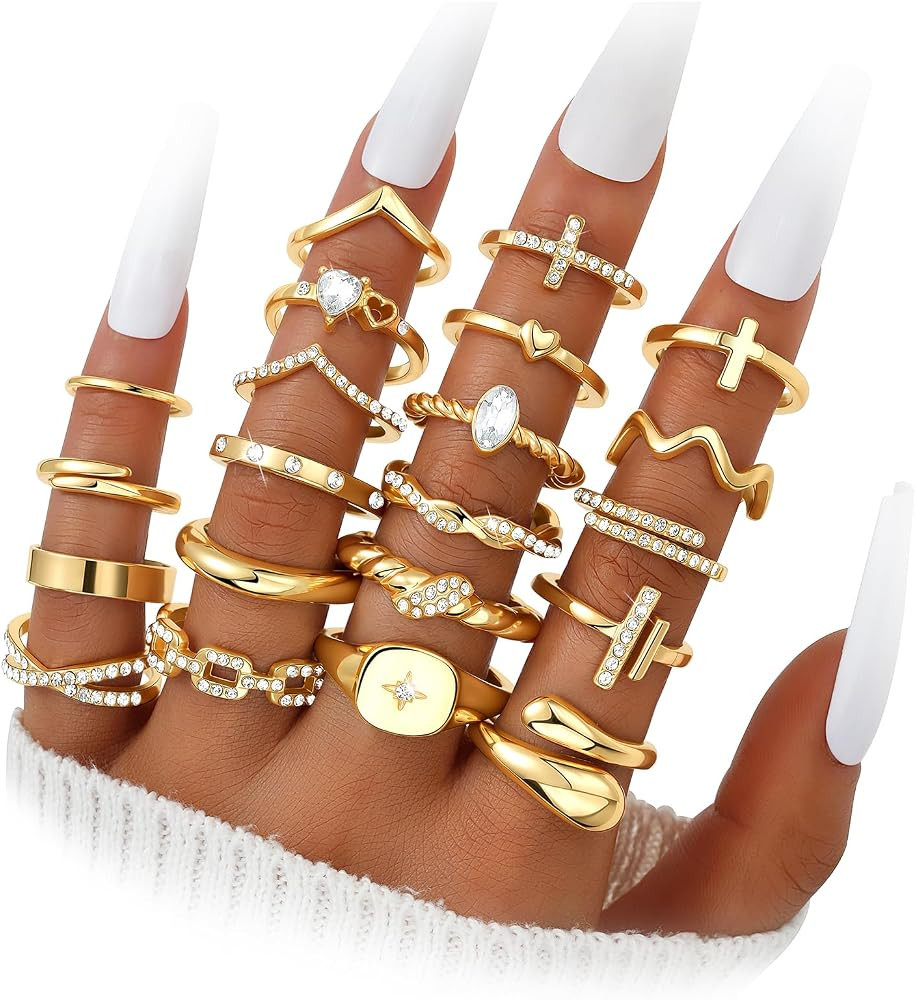 Dodder Gold Stackable Rings Set for Women, Gold Plated Chunky Crystal Finger Midi Stacking Rings,... | Amazon (US)