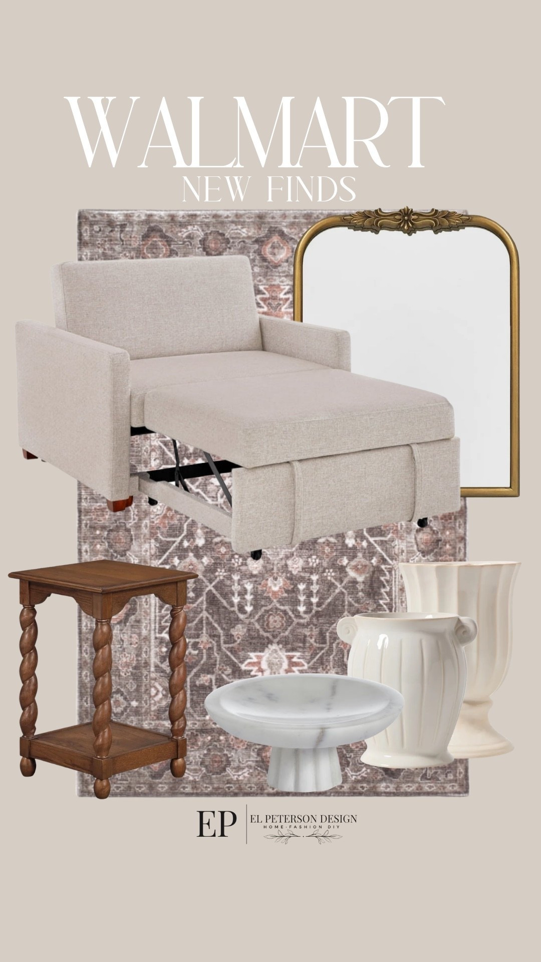 Walmart
New finds
Pullout sleeper accent chair 
Rug
Vases
Bowl
Planter
End Table 
Mirror

#LTKHome