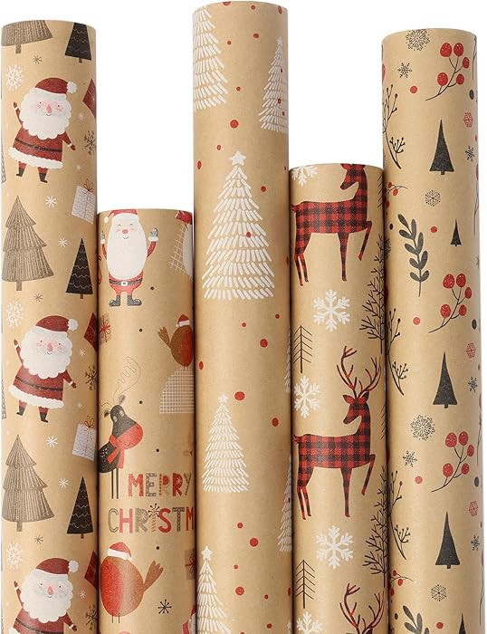 Qukou 5 Rolls Christmas Wrapping Paper Mini Roll Kraft Brown Reindeer Woodlands Theme Gift Box Wr... | Amazon (US)