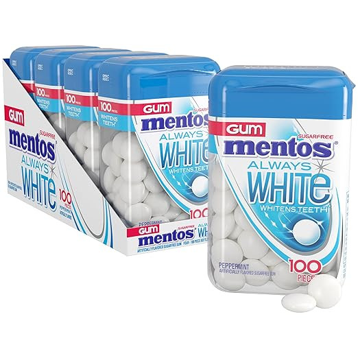 Mentos Always White Peppermint Sugar Free Chewing Gum with Xylitol Sweetener, 100 Count Bottle, 4... | Amazon (US)