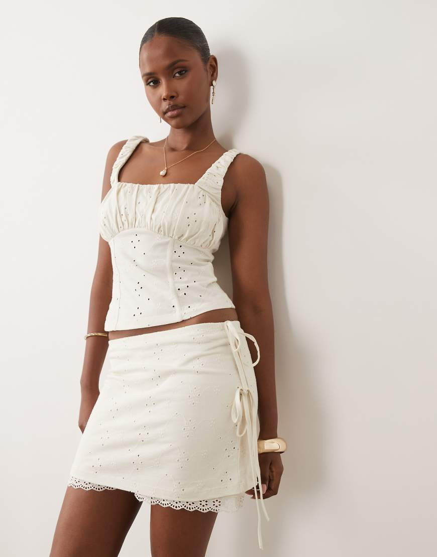 ASOS DESIGN broderie wrap mini skort with lace trim in cream-White | ASOS (Global)