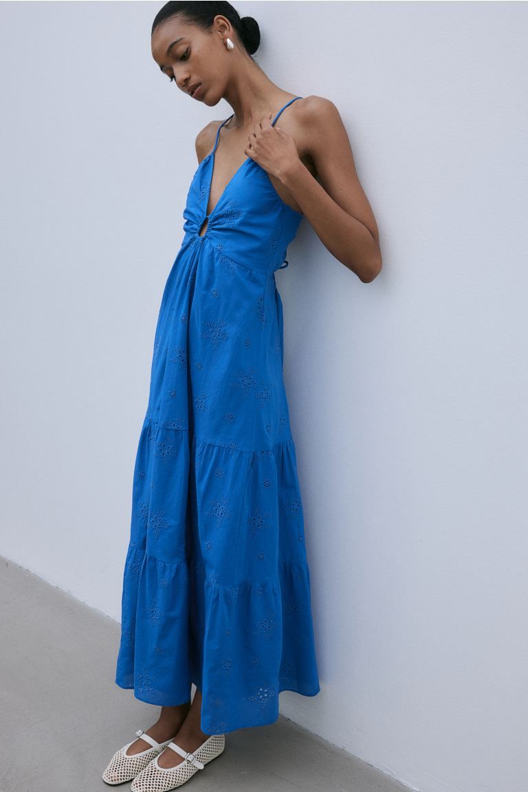 Dress with Eyelet Embroidery - Sweetheart Neckline - Sleeveless - Blue - Ladies | H&M US | H&M (US + CA)