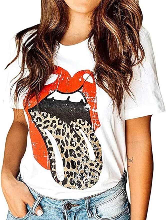 Women Red Lip Leopard Tongue Print T-Shirt Short Sleeve Cute Graphic Tee Tops | Amazon (US)