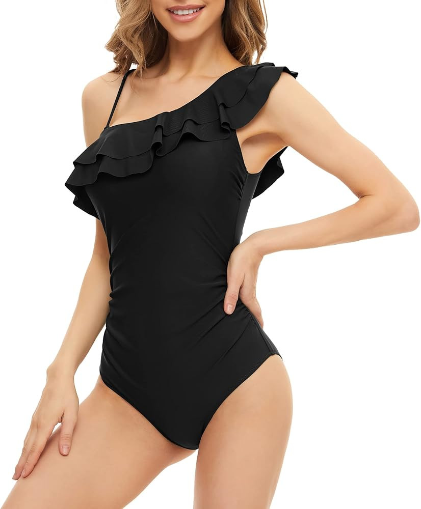 YgneeDom Women One Piece Swimsuit One Shoulder Ruffle Ruched Tummy Control Bathing Suits | Amazon (US)