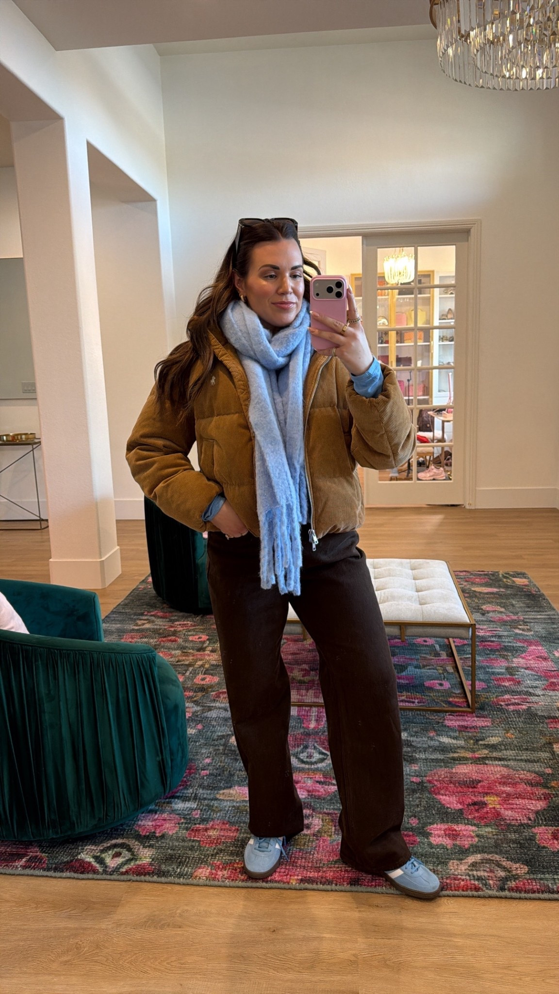 curvy midsize ice blue color trend outfits! wearing size 12 in blue top, size large in puffer corduroy jacket, and size 30 in chocolate brown denim  🩵🤎 

#LTKFindsUnder100 #LTKSeasonal #LTKMidsize