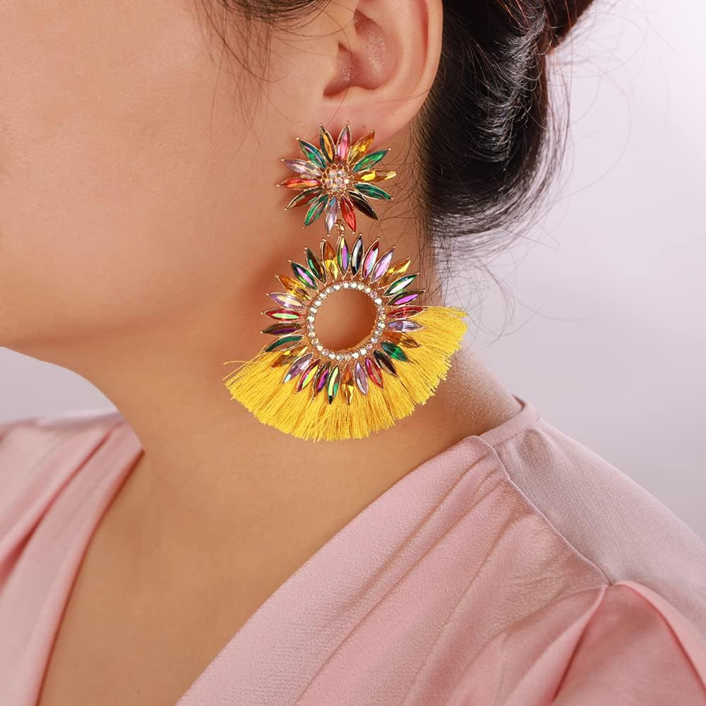 Denifery Bohemian Tassel Earrings Rhinestones Earrings Flower Fringe Earrings Tassel Dangle Drop ... | Amazon (US)