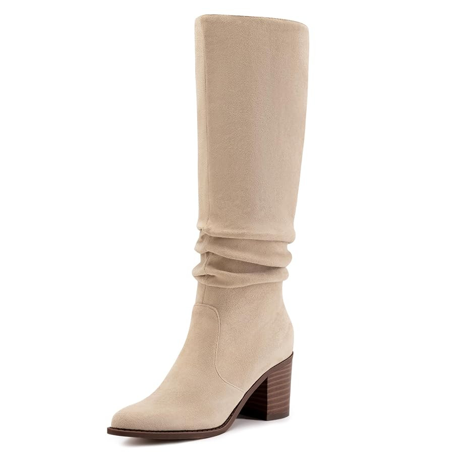 Athlefit Womens Knee High Chunky Heel Boots Faux Suede Pointed Toe Side Zipper Boots | Amazon (US)