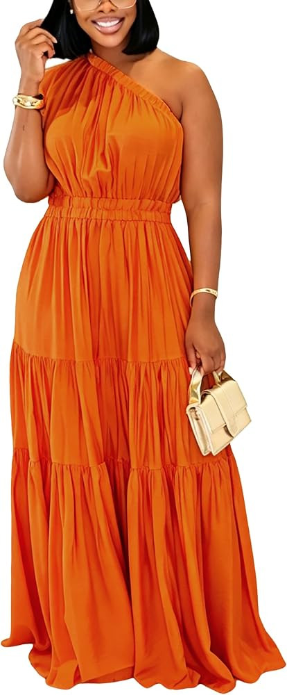 YUEWOO Casual Summer Dresses for Women One Shoulder Sleeveless Boho Beach Maxi Dress Flowy Long S... | Amazon (US)