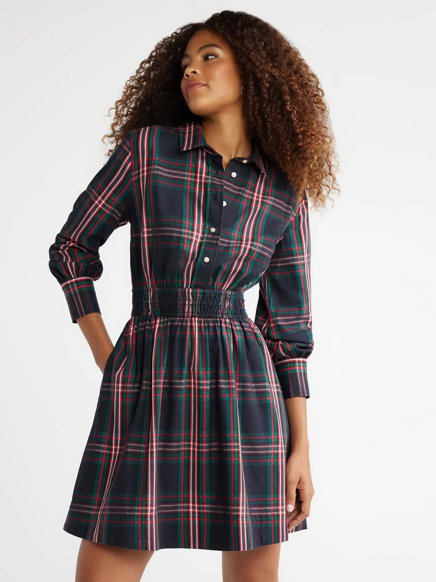 Free Assembly Women's Smocked Waist Mini Shirt Dress with Long Sleeves, XS-XXXL | Walmart (US)